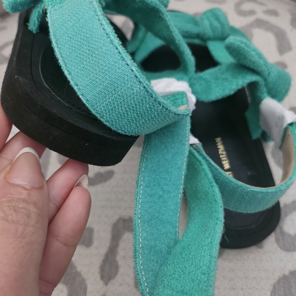 Stuart Weitzman Bandeau Terry Cloth Bow Green Black Gold Open Toe Sandal NEW - Picture 8 of 15